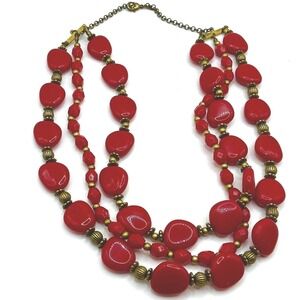 SAO Vintage Red Bead Necklace 18" Multi-Strand Gold Accent Statement Piece